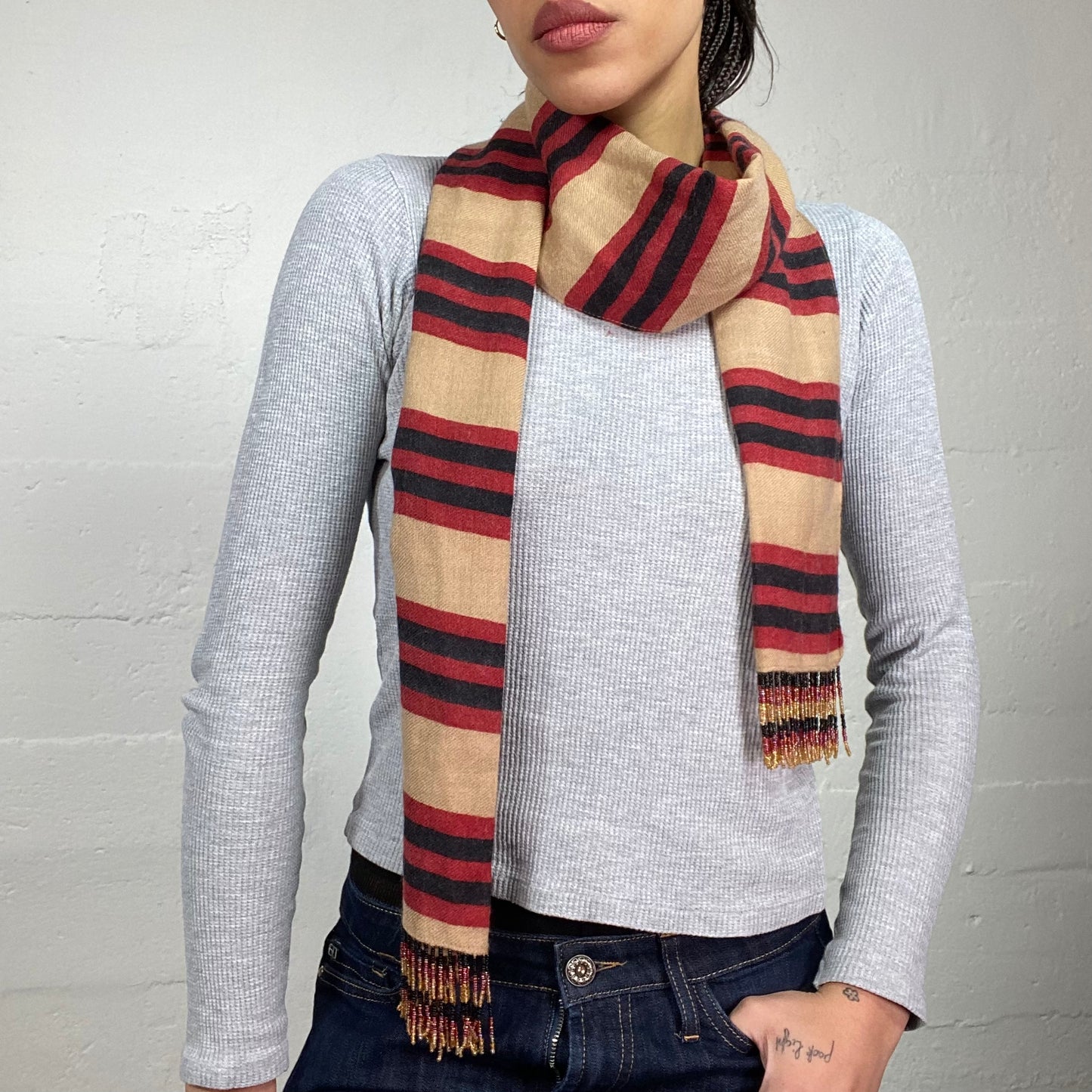 Vintage 90's Downtown Girl Beige and Red Striped Wool Skinny Scarf