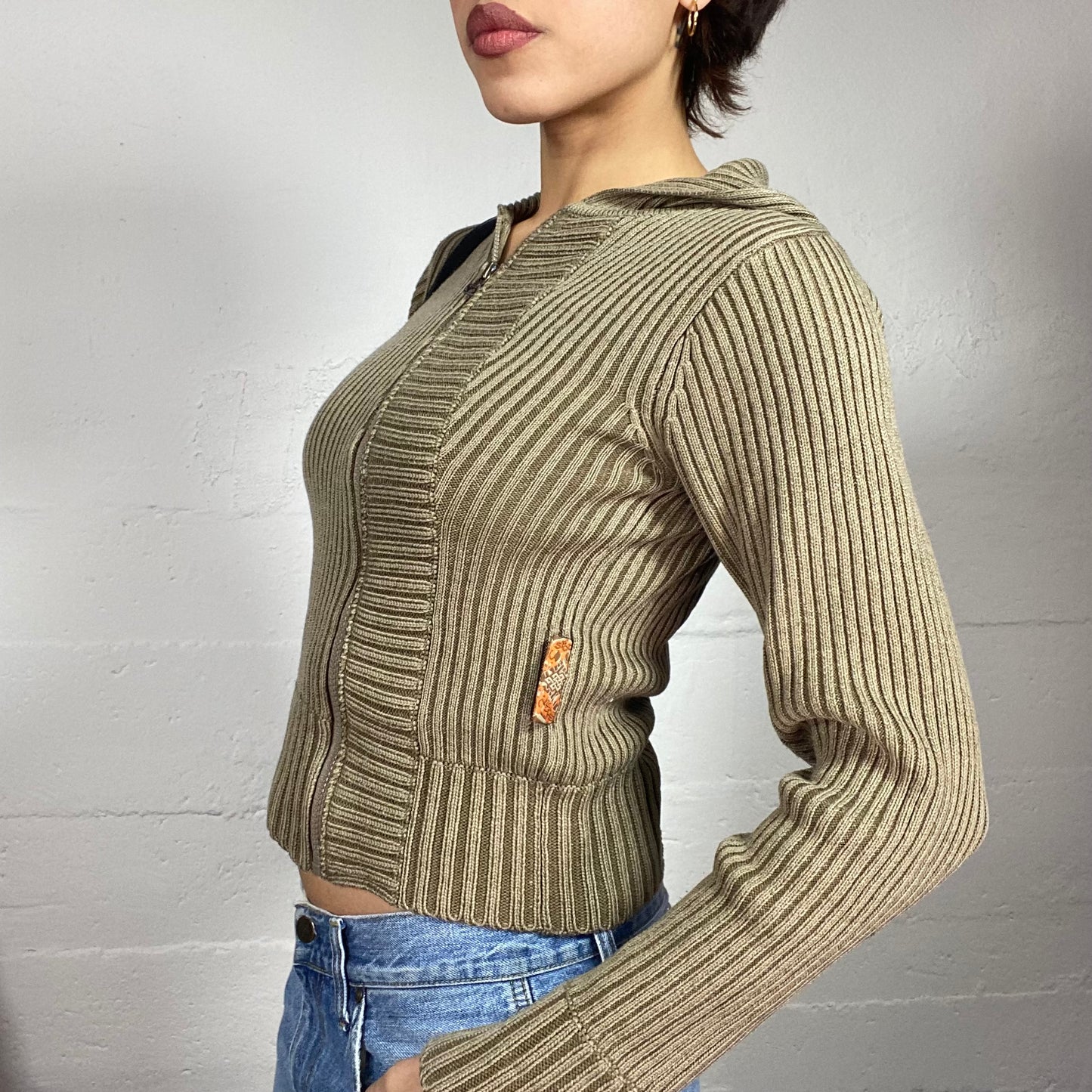 Vintage 2000's Downtown Girl Khaki Knitted Asymmetric Zip Up Jacket with Ribbed Knit Detail (S)