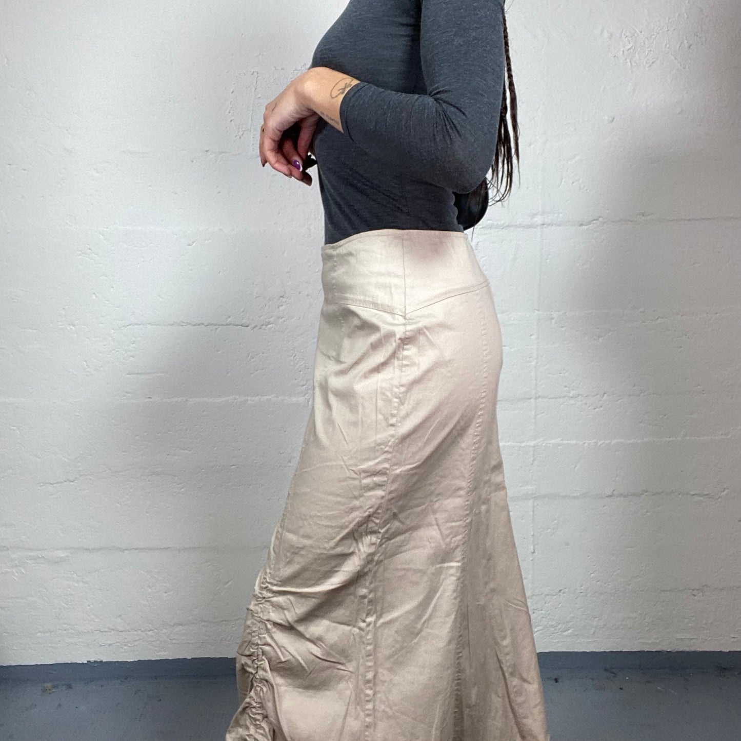 Vintage 90's Rave Beige Cargo Maxi Skirt with Frilled Bottom Detail (S/M)