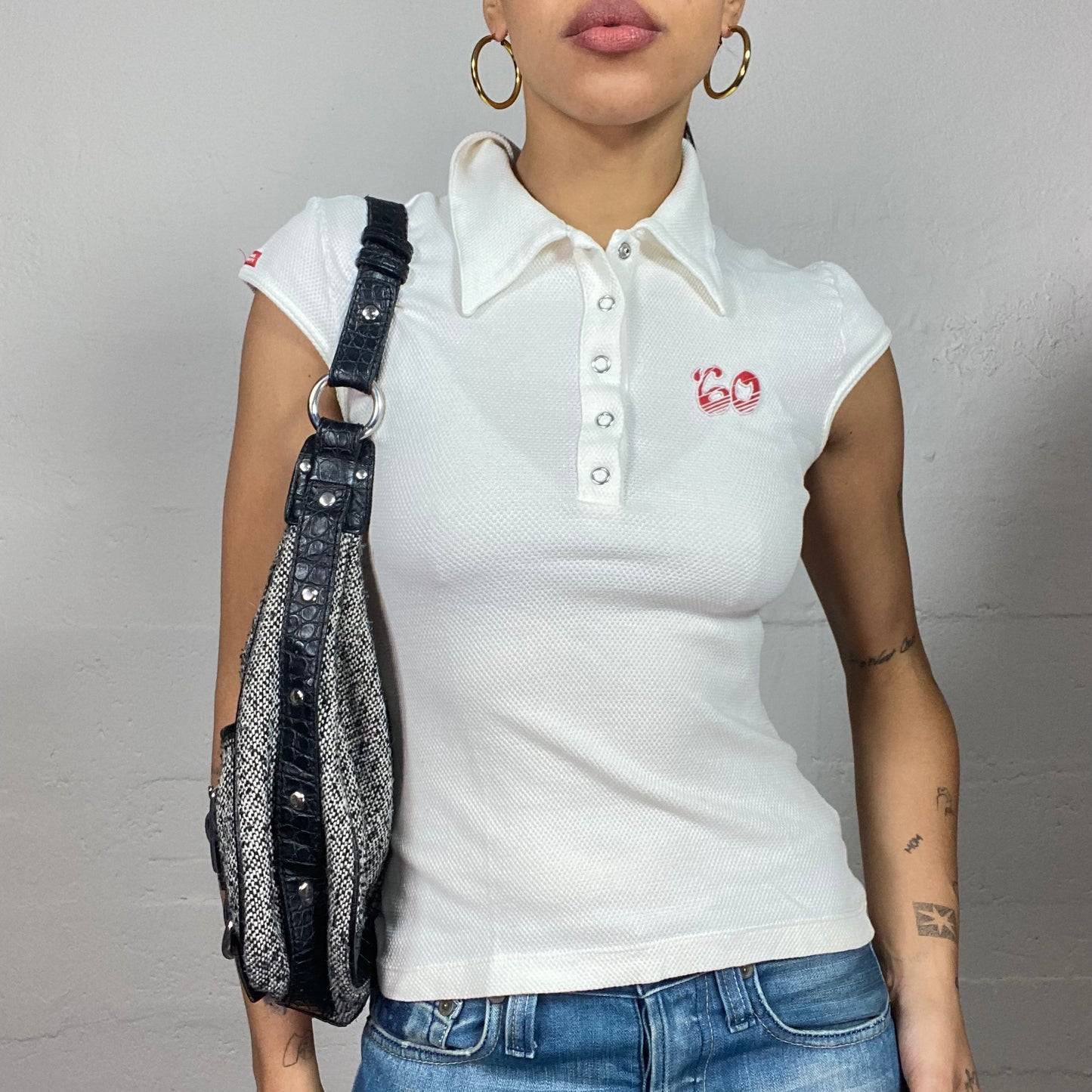 Vintage 2000's Miss Sixty College Girl White Polo Top with Red "60" Print (S)