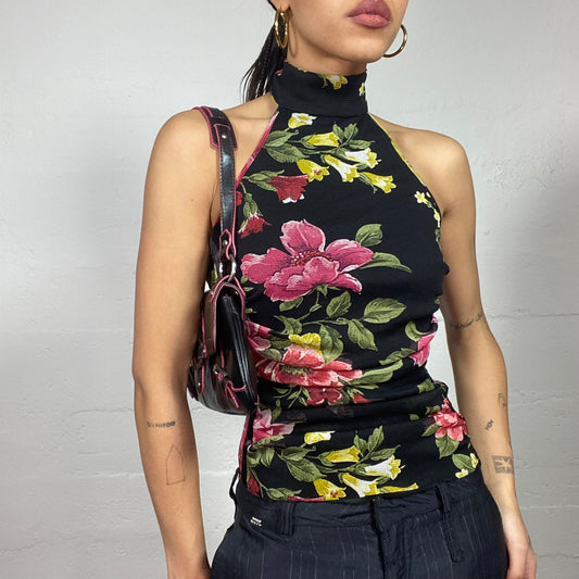 Vintage 2000's Indie Black Open Back Turtleneck Top with Realistic Floral Print (S)