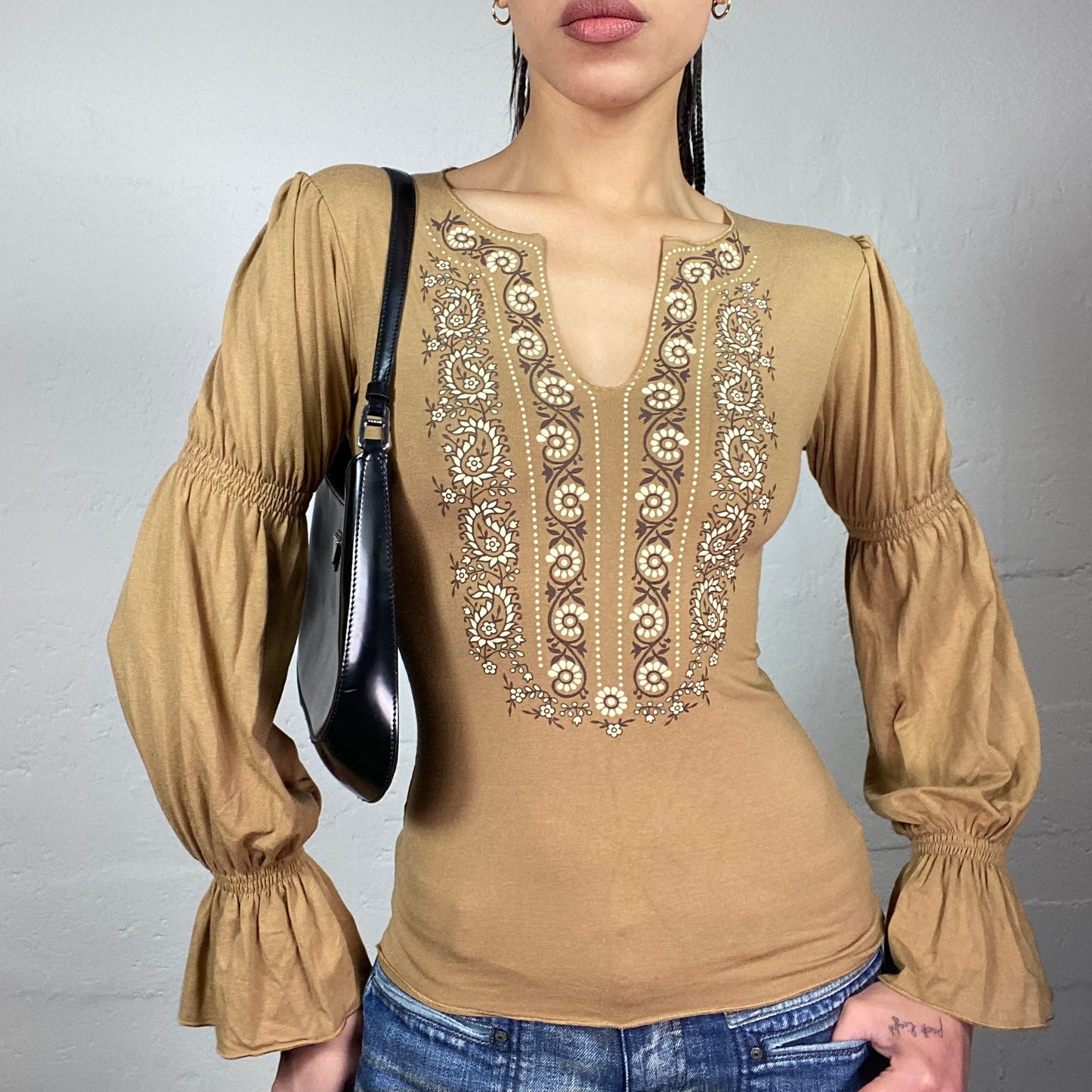 Vintage 90's Fairy Brown Bulger Longsleeve Top with Ethnic Neckline Print Detail (S)