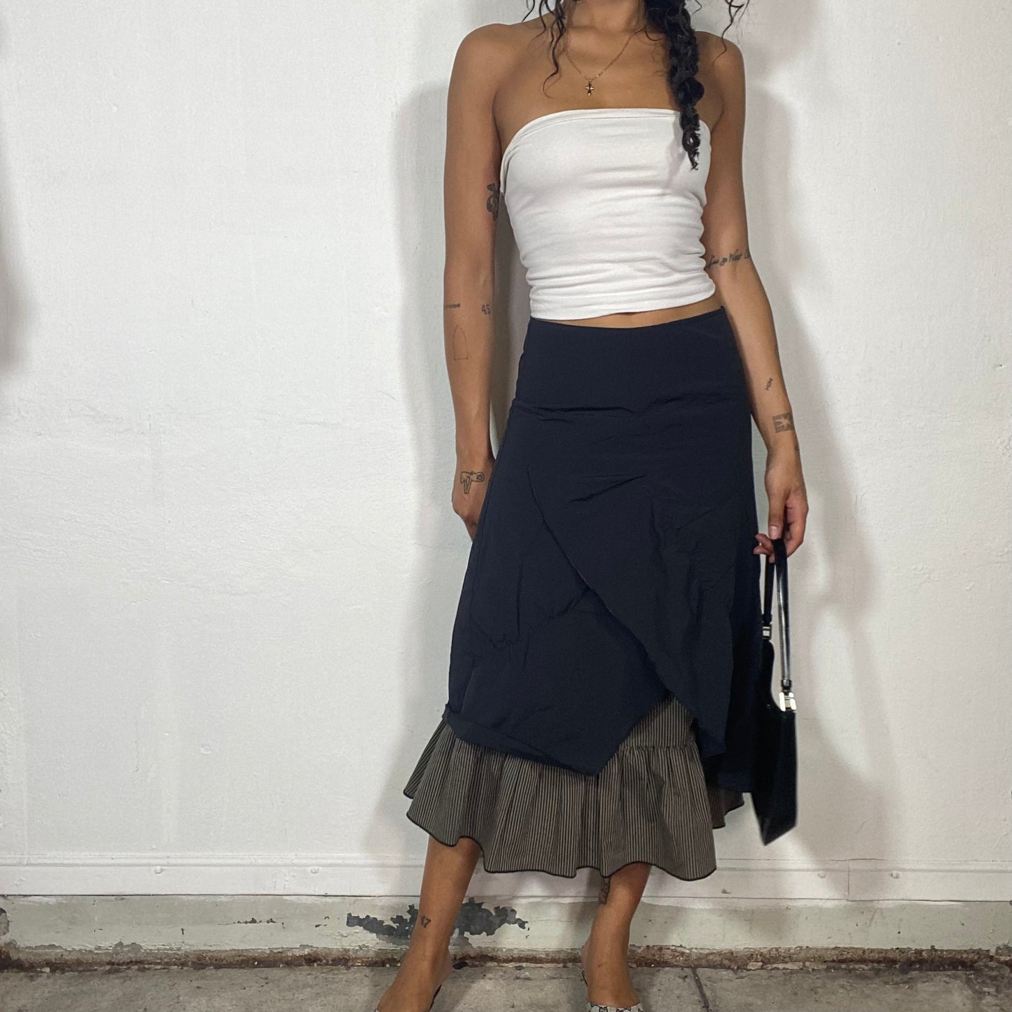 Vintage 2000's Archive Black Deconstructed Maxi Cargo Layered Skirt with Pinestriped Print Detail (S/M)