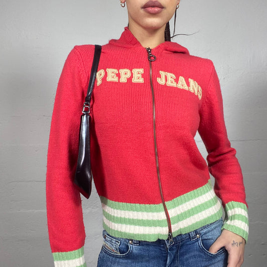Vintage 2000's Pepe Jeans Downtown Girl Red Zip-Up Knitted Hoodie with Colour Bottom Trims and Brand Print (S)