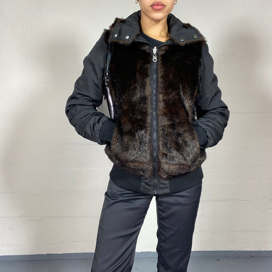 Vintage 2000's Miss Sixty Guido Black Short Coat with Brown Faux Fur Body Covering (S/M)
