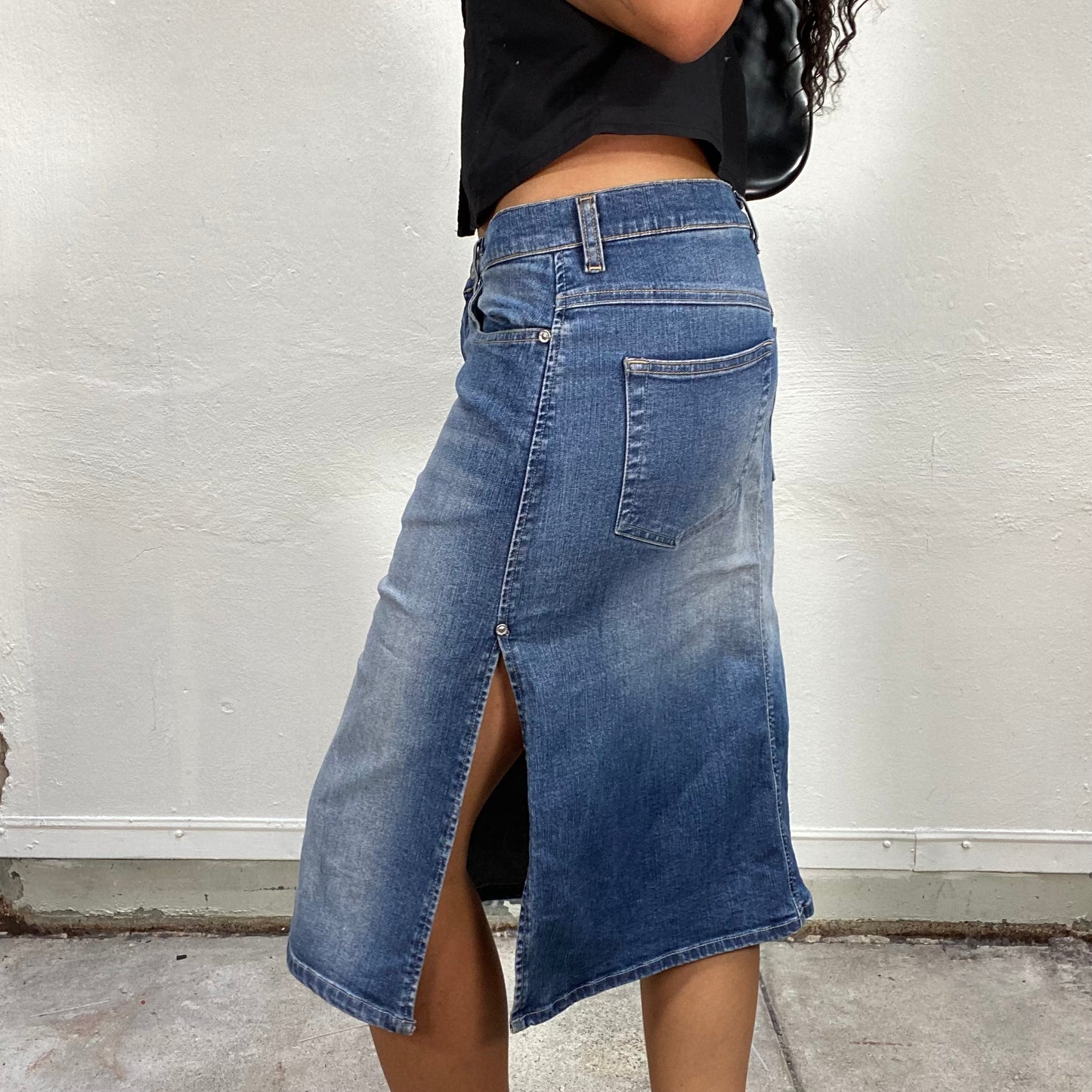 Vintage 90's Diesel Downtown Girl Denim Midi Skirt with Lateral Slits Detail (M)