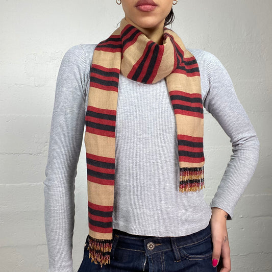 Vintage 90's Downtown Girl Beige and Red Striped Wool Skinny Scarf