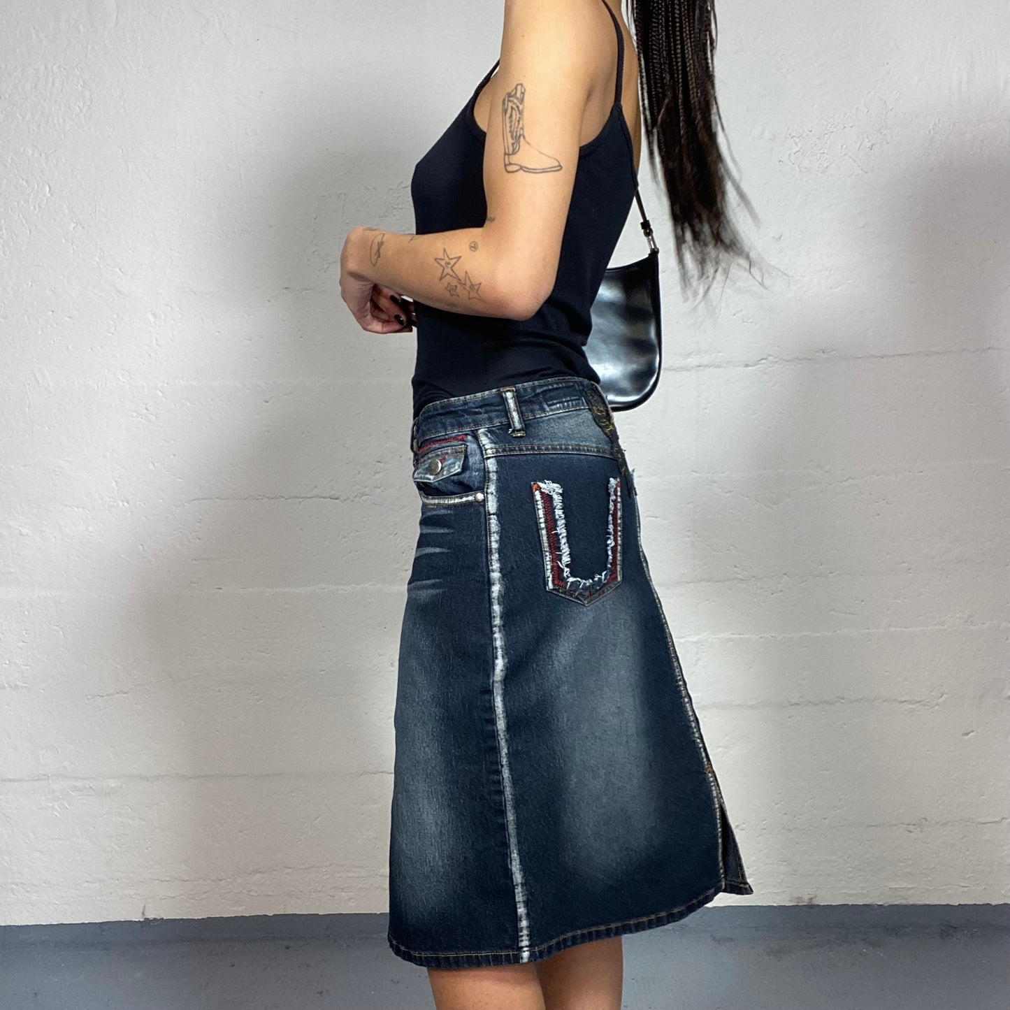 Vintage 2000's Cyber Dark Acid Wash Denim Cargo Skirt (M)