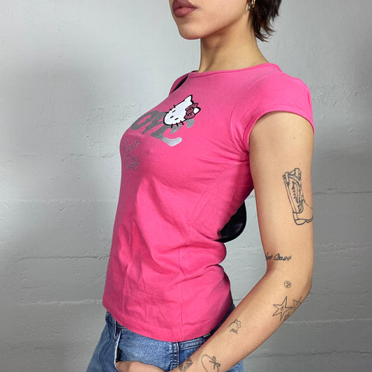 Vintage 2000's Hello Kitty Pink Top with "Love, Hello Kitty" and Cartoon Print (S/M)