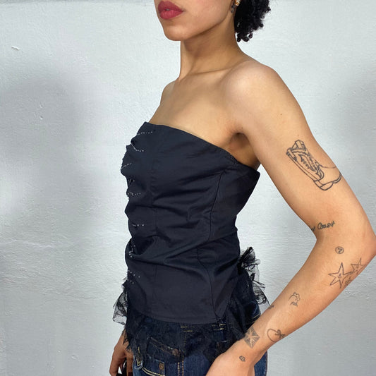 Vintage 2000's Festive Black Corset Top with Lace and Lace Up Details (S/M)