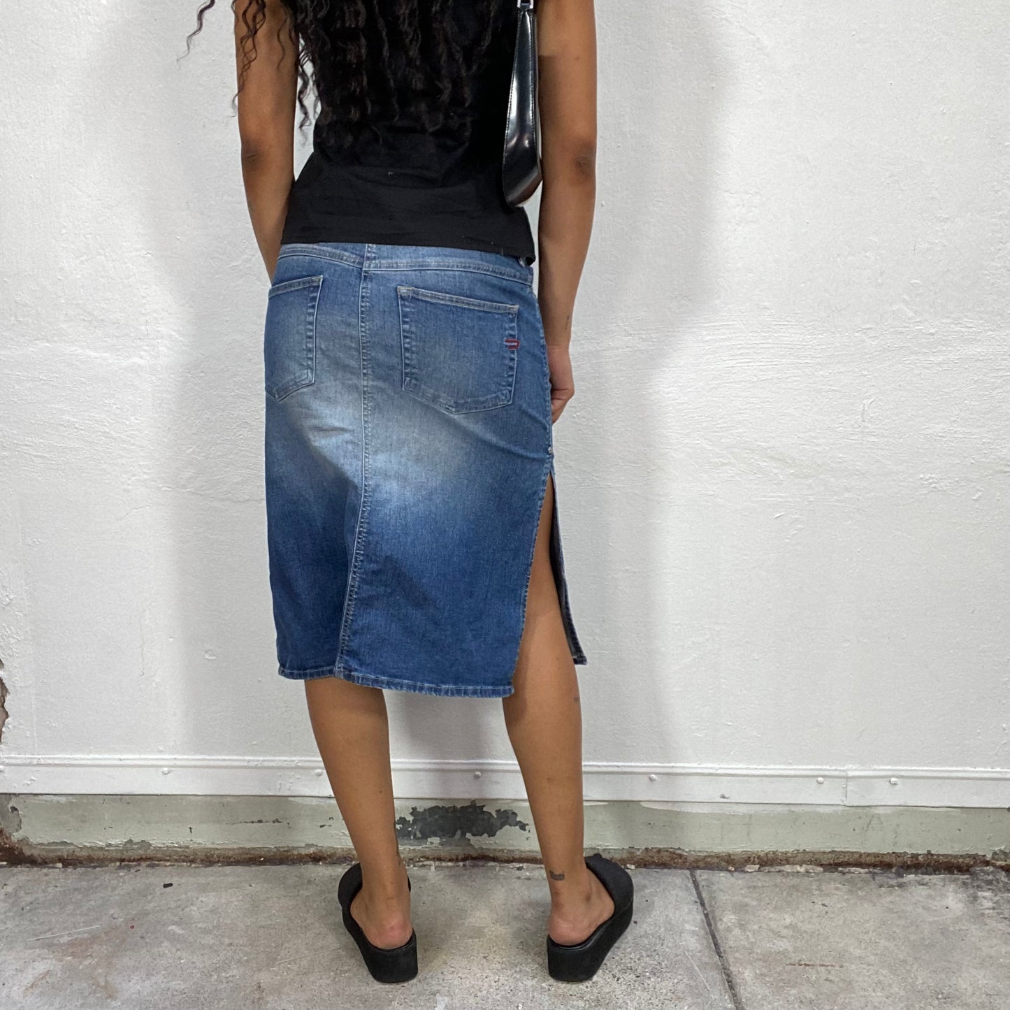 Vintage 90's Diesel Downtown Girl Denim Midi Skirt with Lateral Slits Detail (M)