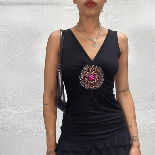 Vintage 2000's Mermaid Black Top with Mandala Embroidery (XS-S)