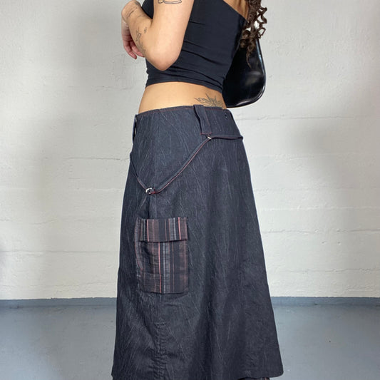 Vintage 2000's Archive Black Maxi Cargo Skirt with Layered Red Pinstripes Bottom Detail (S)