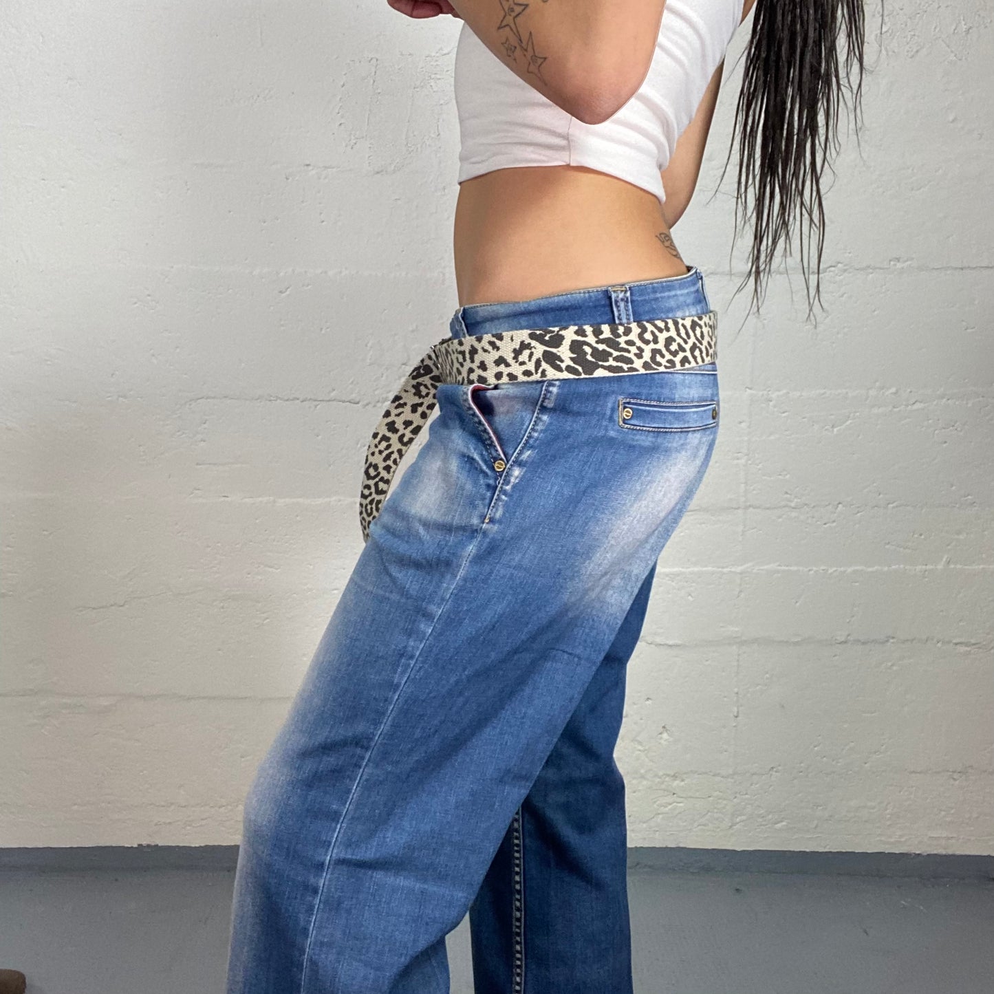 Vintage 2000's Cowgirl Beige Cheetah Print Belt with Box Buckle Details