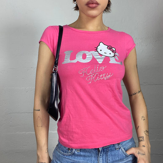 Vintage 2000's Hello Kitty Pink Top with "Love, Hello Kitty" and Cartoon Print (S/M)