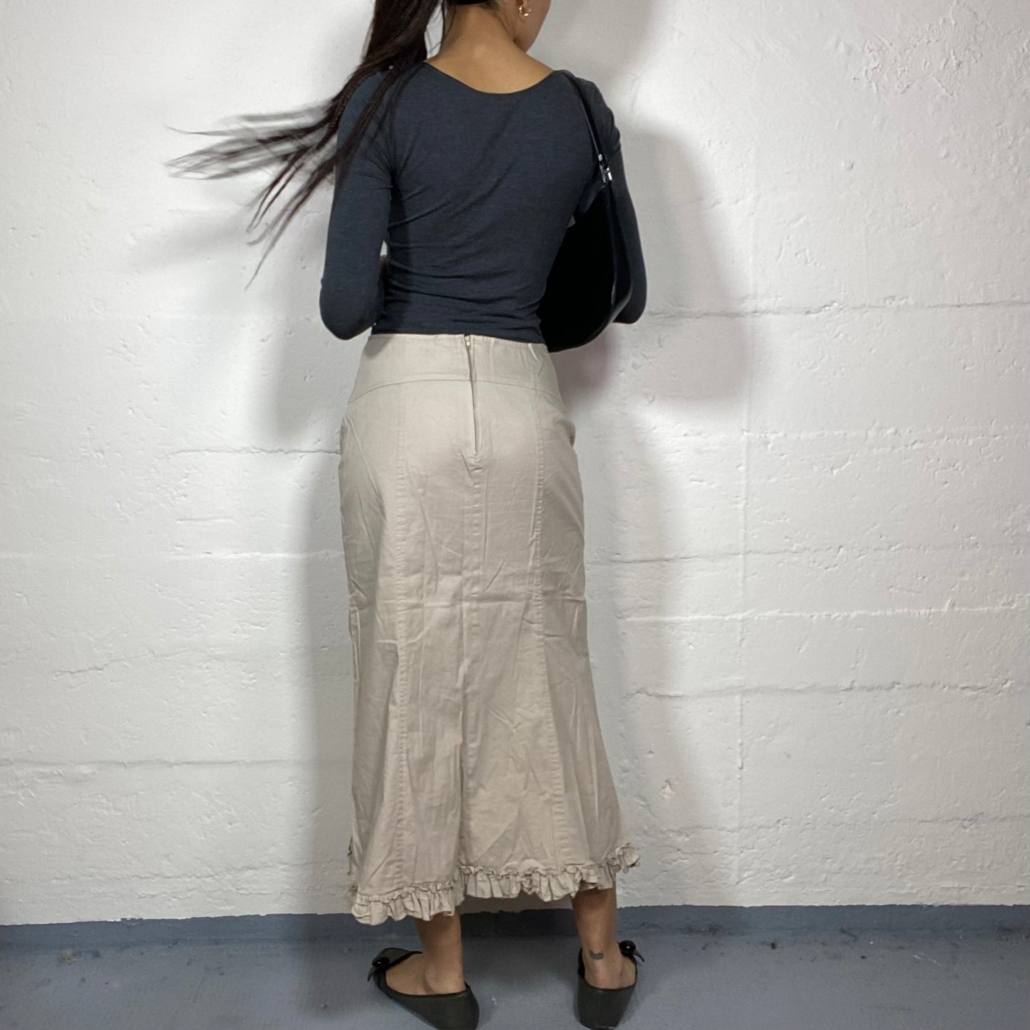 Vintage 90's Rave Beige Cargo Maxi Skirt with Frilled Bottom Detail (S/M)