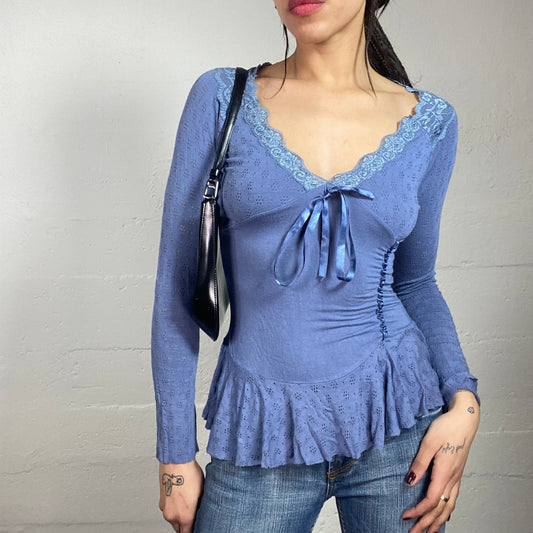 Vintage 2000's Coquette Blue Longsleeve Top with Volant & Lacing Detail (S)
