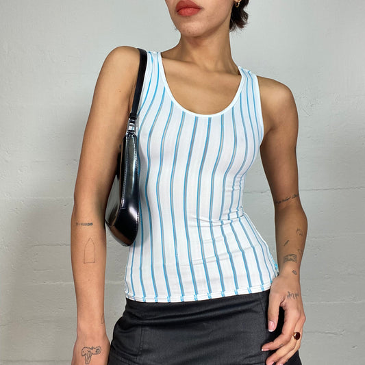 Vintage 2000's Sporty White Top with Blue Striped Print (S)