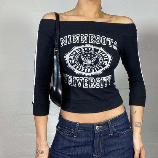 Vintage 2000's College Girl Black Off Shoulder Top with "Minnesota University" White Print (S)