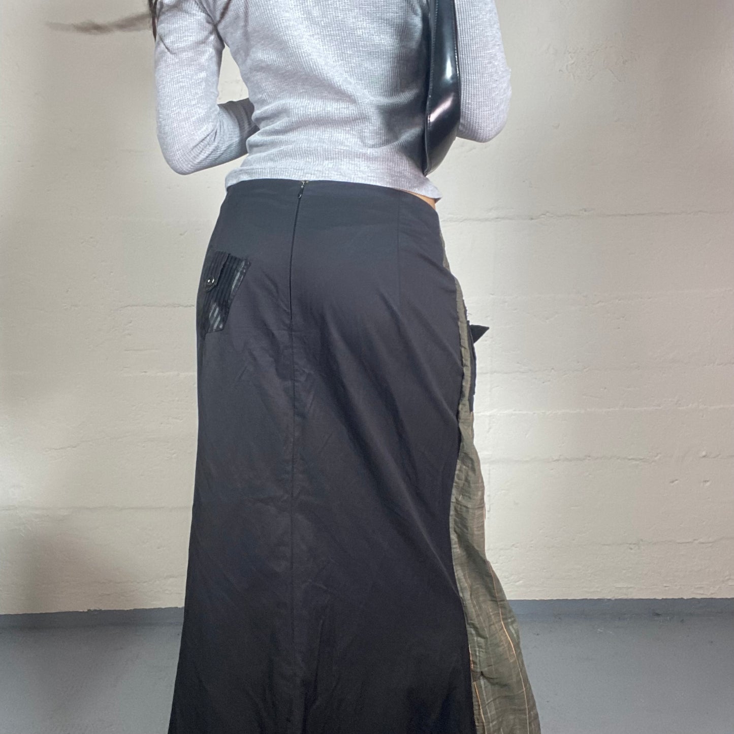 Vintage 2000's Hippie Girl Khaki Maxi Skirt with Patched Printed Bands Detail (M)