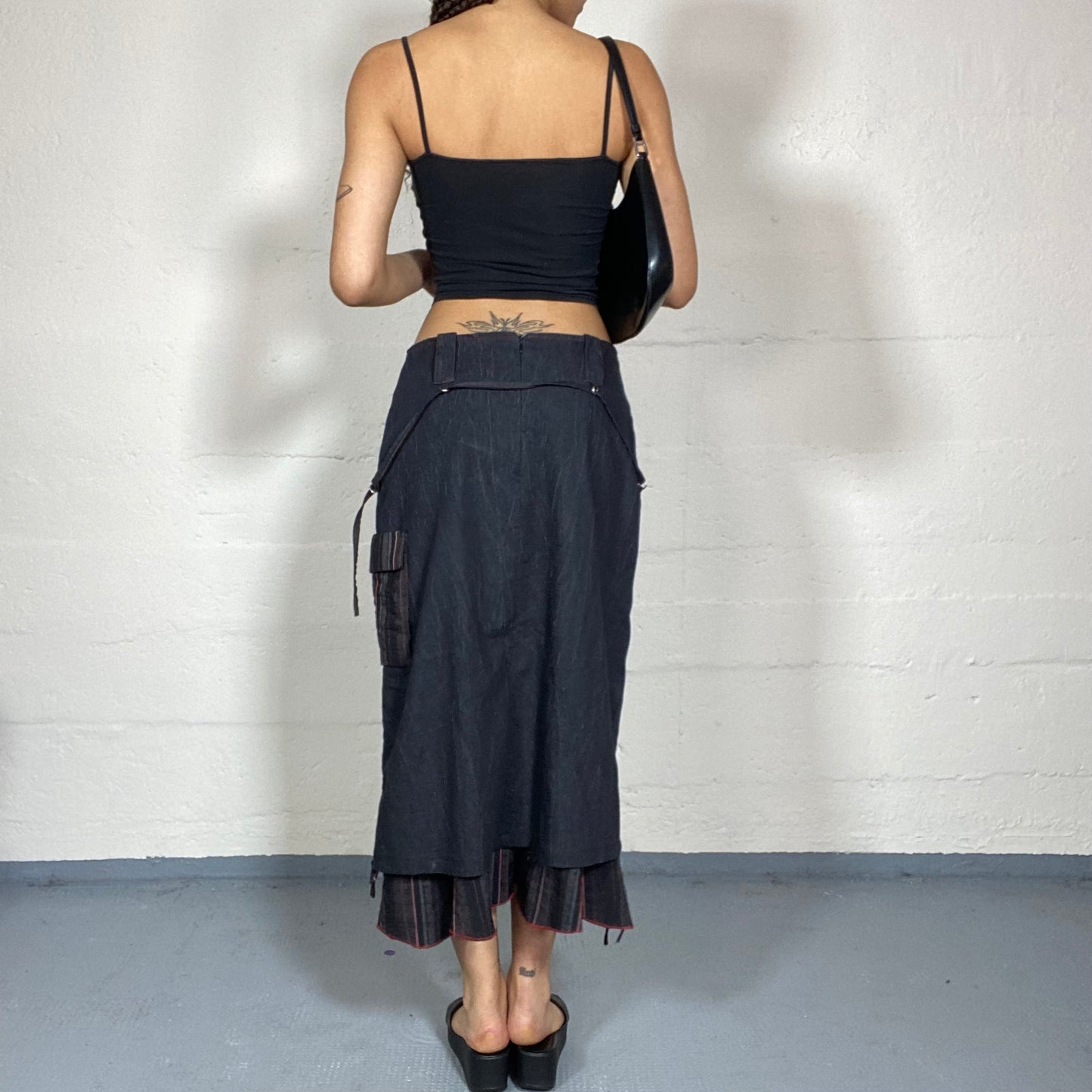 Vintage 2000's Archive Black Maxi Cargo Skirt with Layered Red Pinstripes Bottom Detail (S)