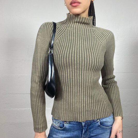 Vintage 2000's Rave Khaki Ribbed Knit Pullover (S)