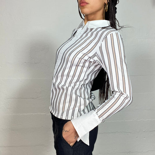 Vintage 2000's Model Off Duty White Longsleeve Double Zip Up Shirt with Striped Print (M)