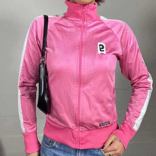 Vintage 2000's Downtown Girl Pink Zip Up Jacket with White Trim Detail (S)
