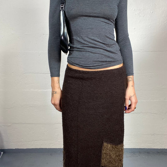 Vintage 2000's Fairy Brown Maxi Skirt with Camel Square and Flower Print Detail (S)