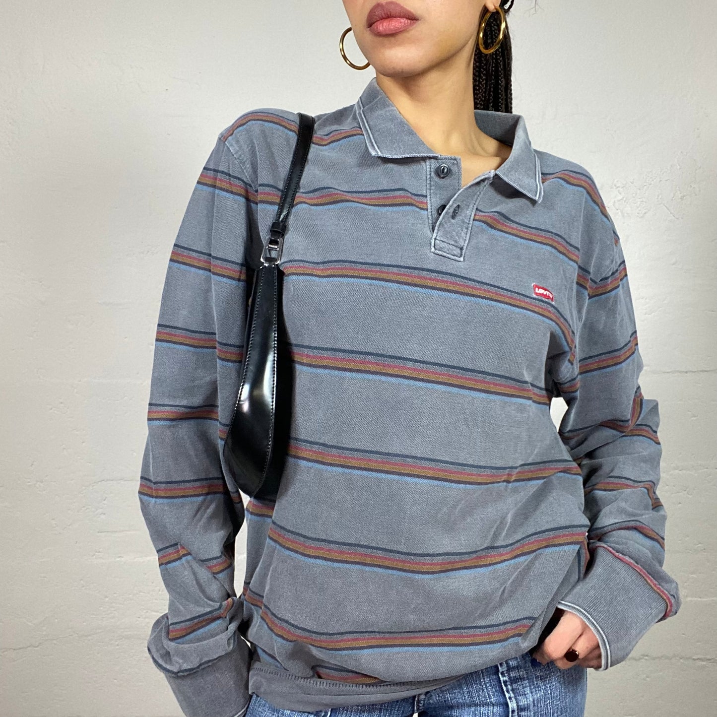 Vintage 90's Levi's Sporty Grey Longsleeve Polo Top with Stripes Print (M/L)