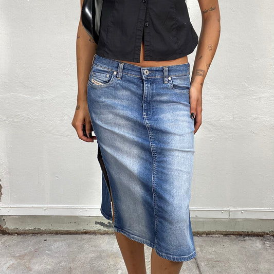 Vintage 90's Diesel Downtown Girl Denim Midi Skirt with Lateral Slits Detail (M)