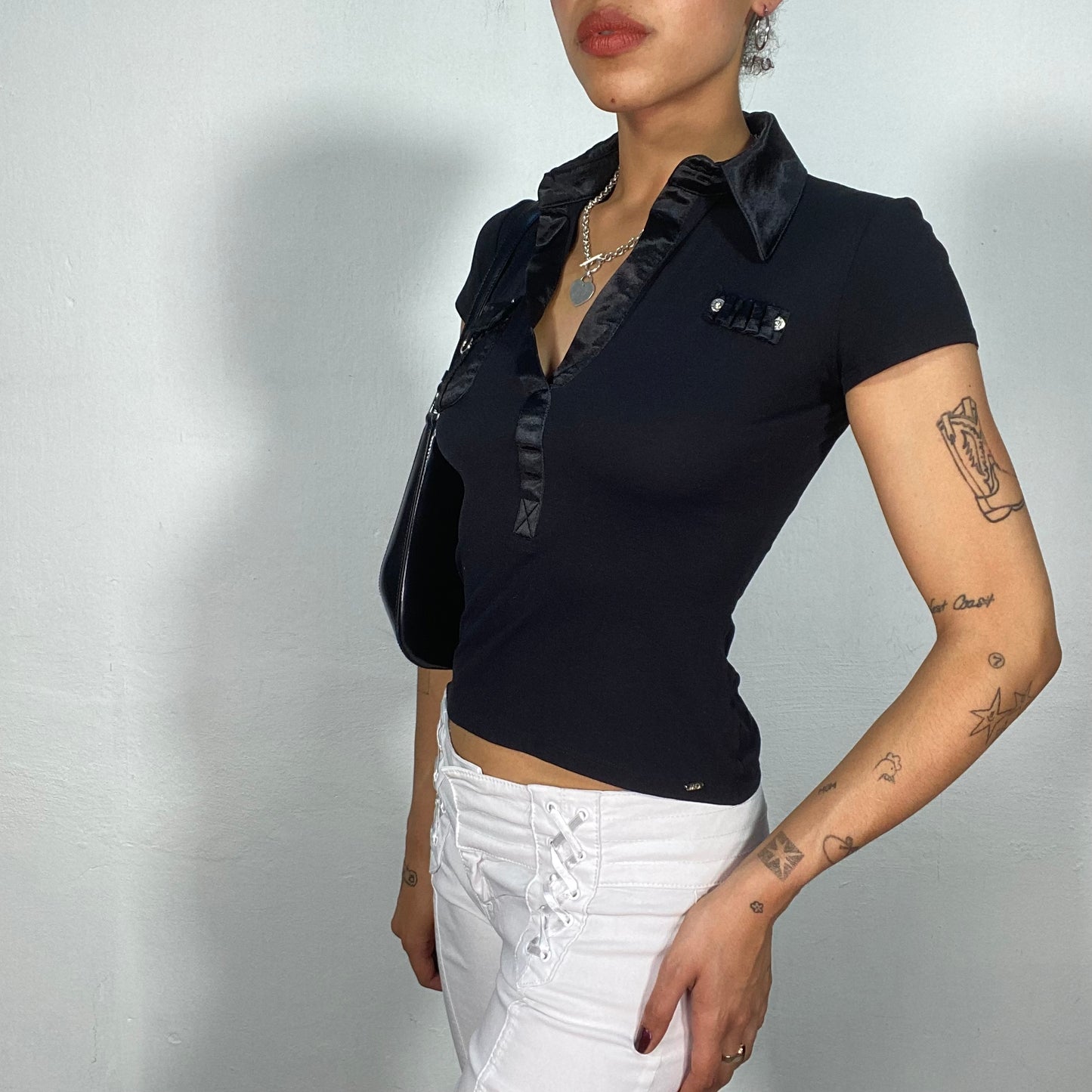 Vintage 2000's Model Off Duty Black Baby Tee with Satin Collar Details (XS/S)