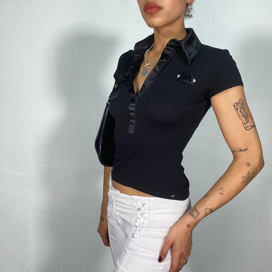 Vintage 2000's Model Off Duty Black Baby Tee with Satin Collar Details (XS/S)