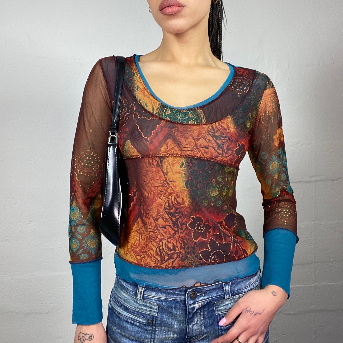 Vintage 90's Fairy Brown Layered Blue Mesh Longsleeve Top with Nature Print (S)