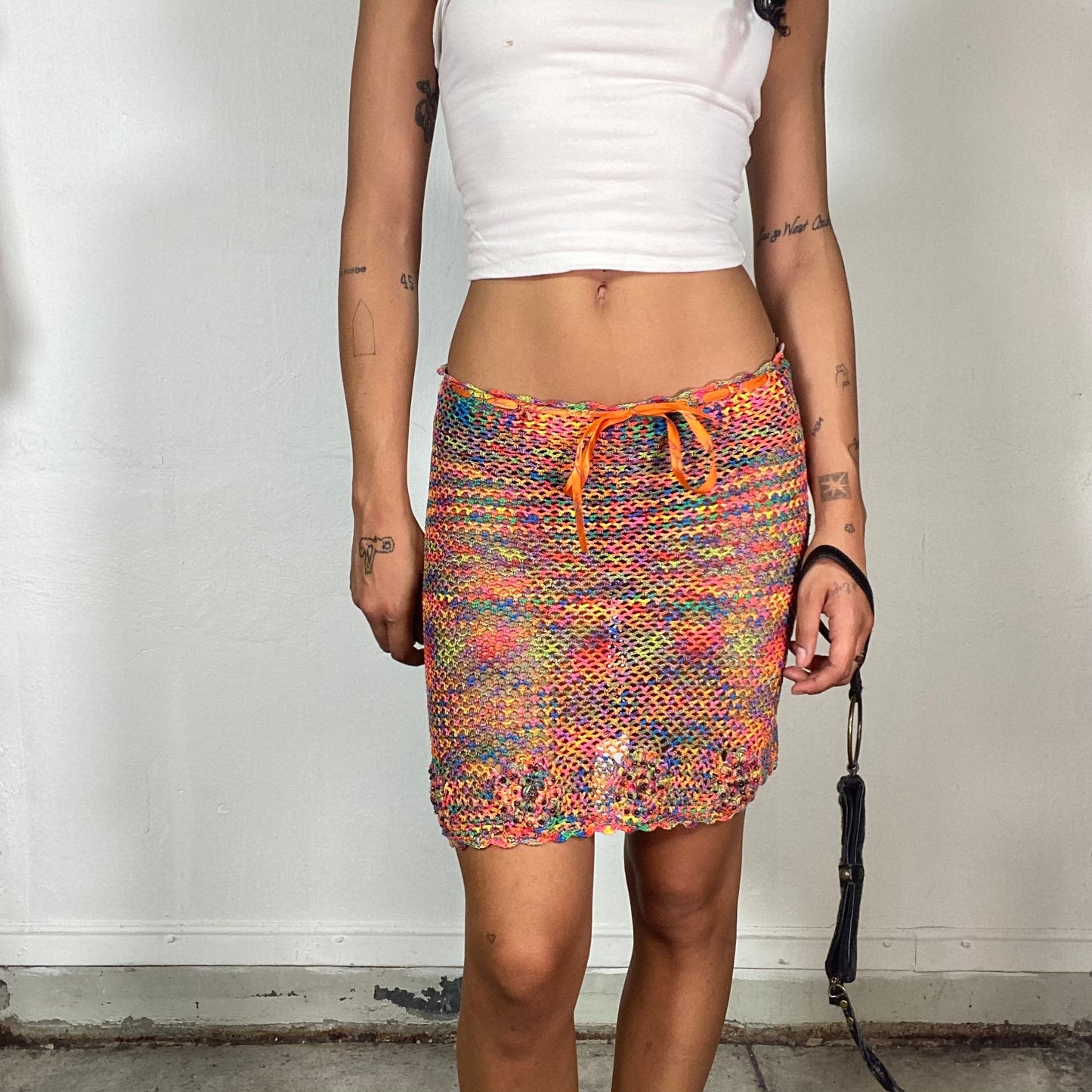 Vintage 2000's Summer Girl Multi Coloured Crochet Midi Skirt with See Through Material (S/M)