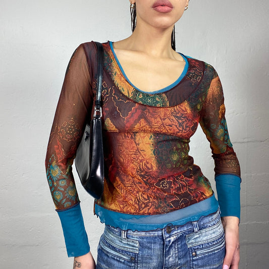 Vintage 90's Fairy Brown Layered Blue Mesh Longsleeve Top with Nature Print (S)