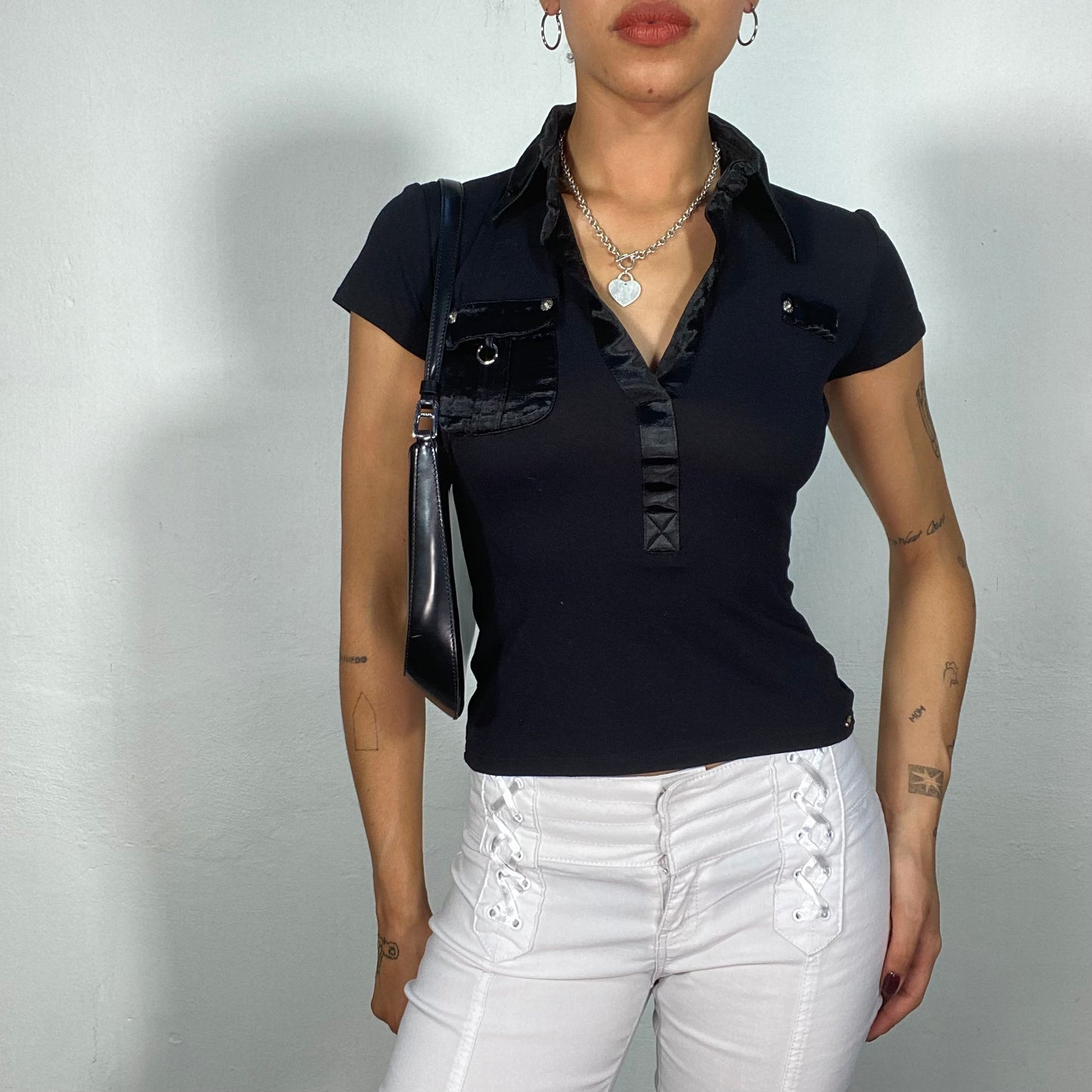 Vintage 2000's Model Off Duty Black Baby Tee with Satin Collar Details (XS/S)