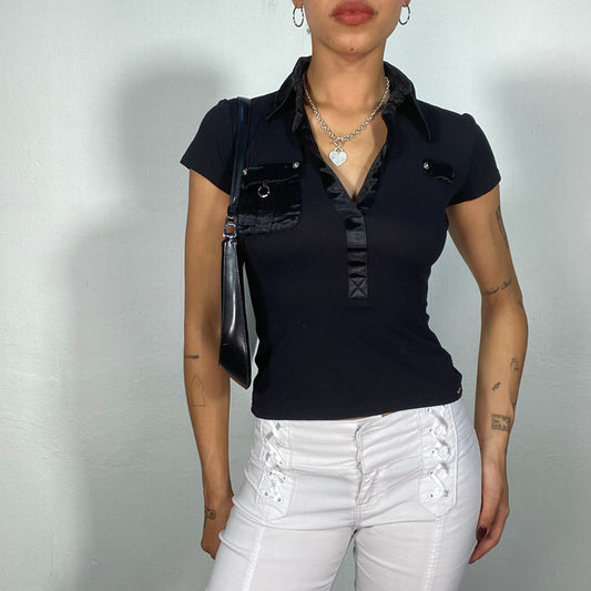 Vintage 2000's Model Off Duty Black Baby Tee with Satin Collar Details (XS/S)