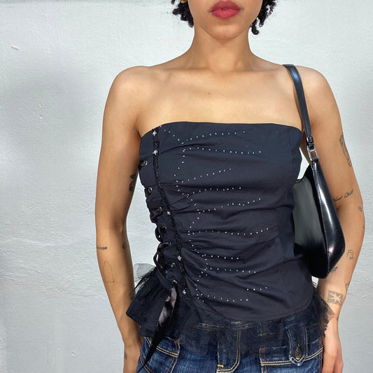 Vintage 2000's Festive Black Corset Top with Lace and Lace Up Details (S/M)
