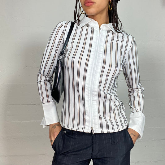 Vintage 2000's Model Off Duty White Longsleeve Double Zip Up Shirt with Striped Print (M)