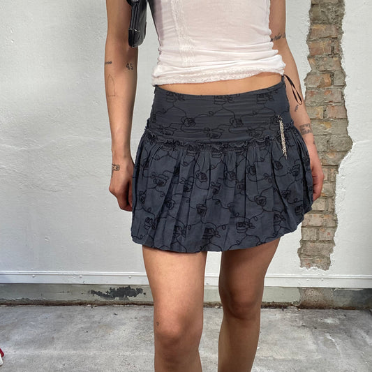 Vintage 2000's Grunge Grey Mini Skirt Black Floral Embroidery (S)