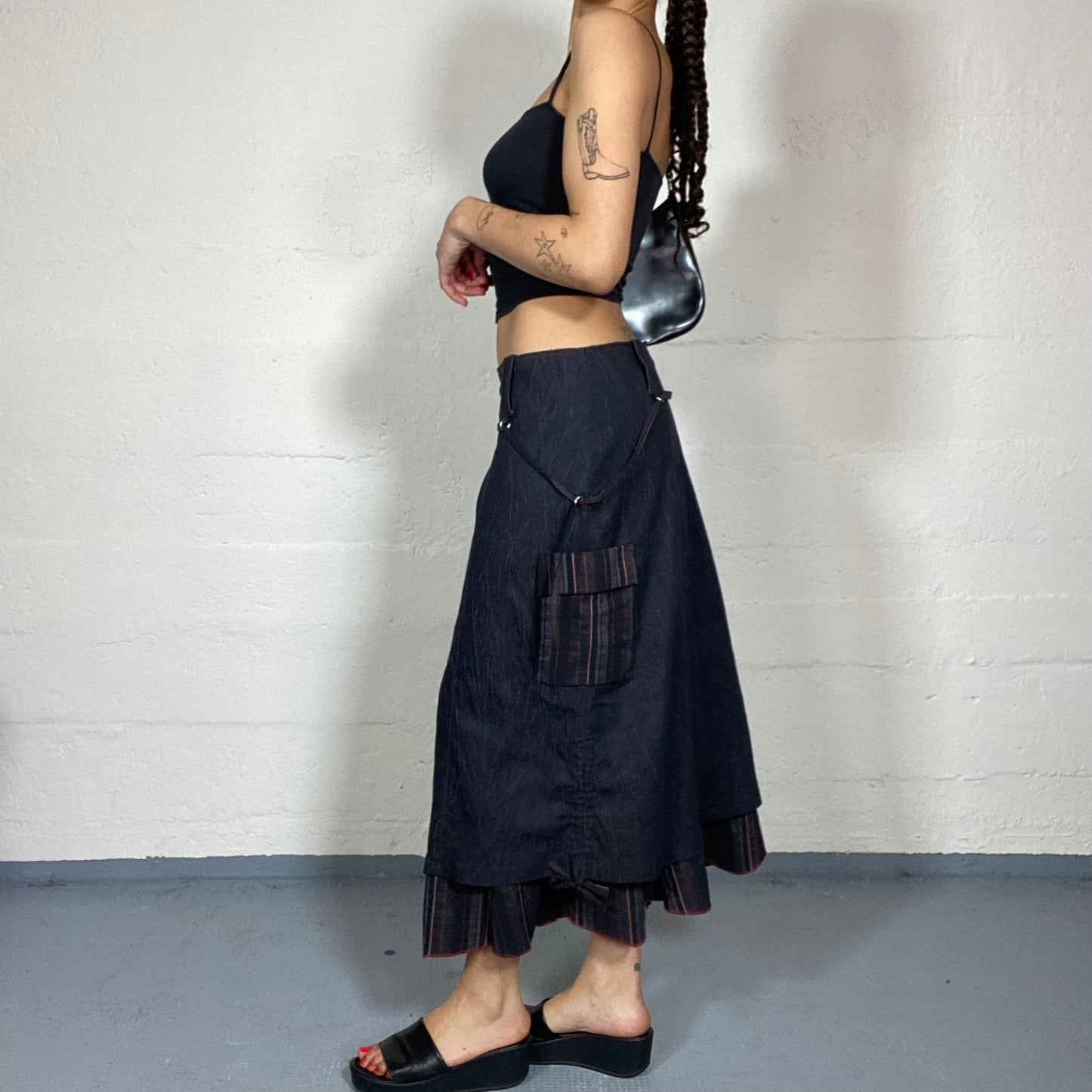 Vintage 2000's Archive Black Maxi Cargo Skirt with Layered Red Pinstripes Bottom Detail (S)