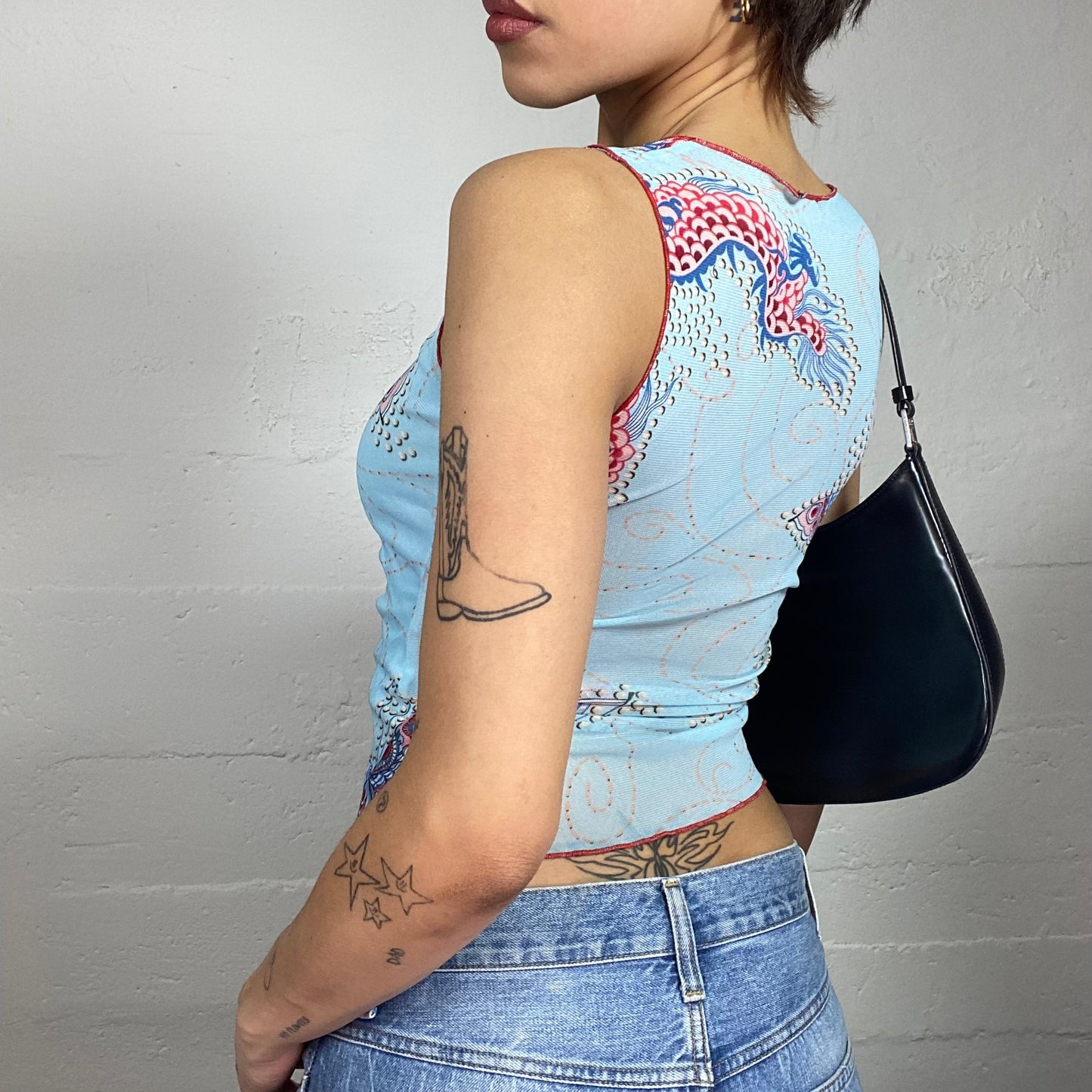 Vintage 90's Downtown Girl Baby Blue Top with Butterfly Print and Lace Up Detail (S/M)