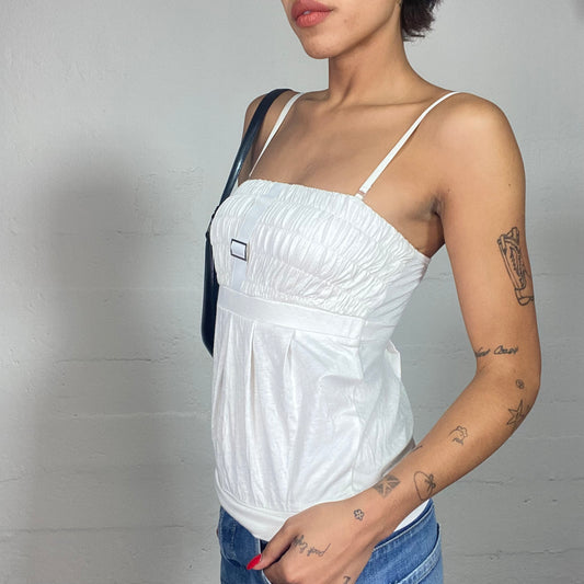 Vintage 2000's Clubwear White Top with Ruffle Chest Part and Buckle Detail (S)