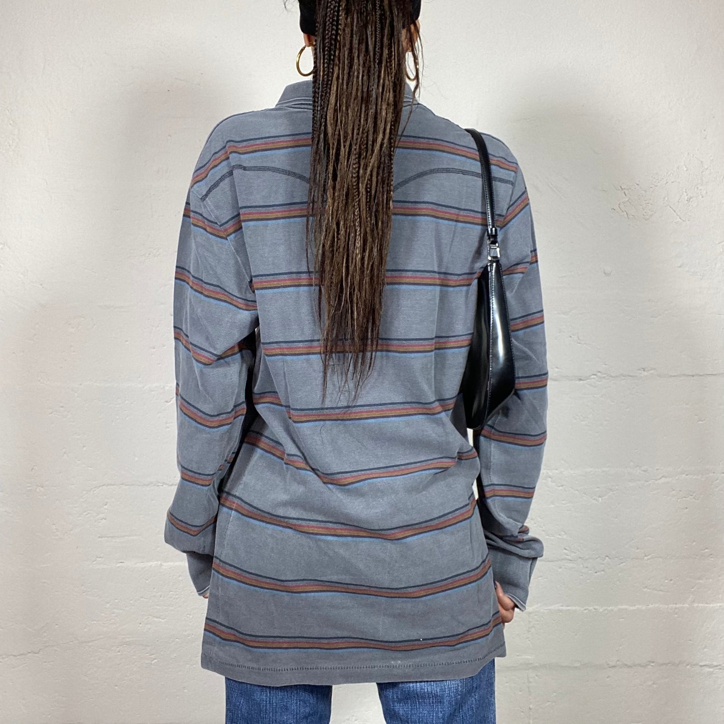 Vintage 90's Levi's Sporty Grey Longsleeve Polo Top with Stripes Print (M/L)