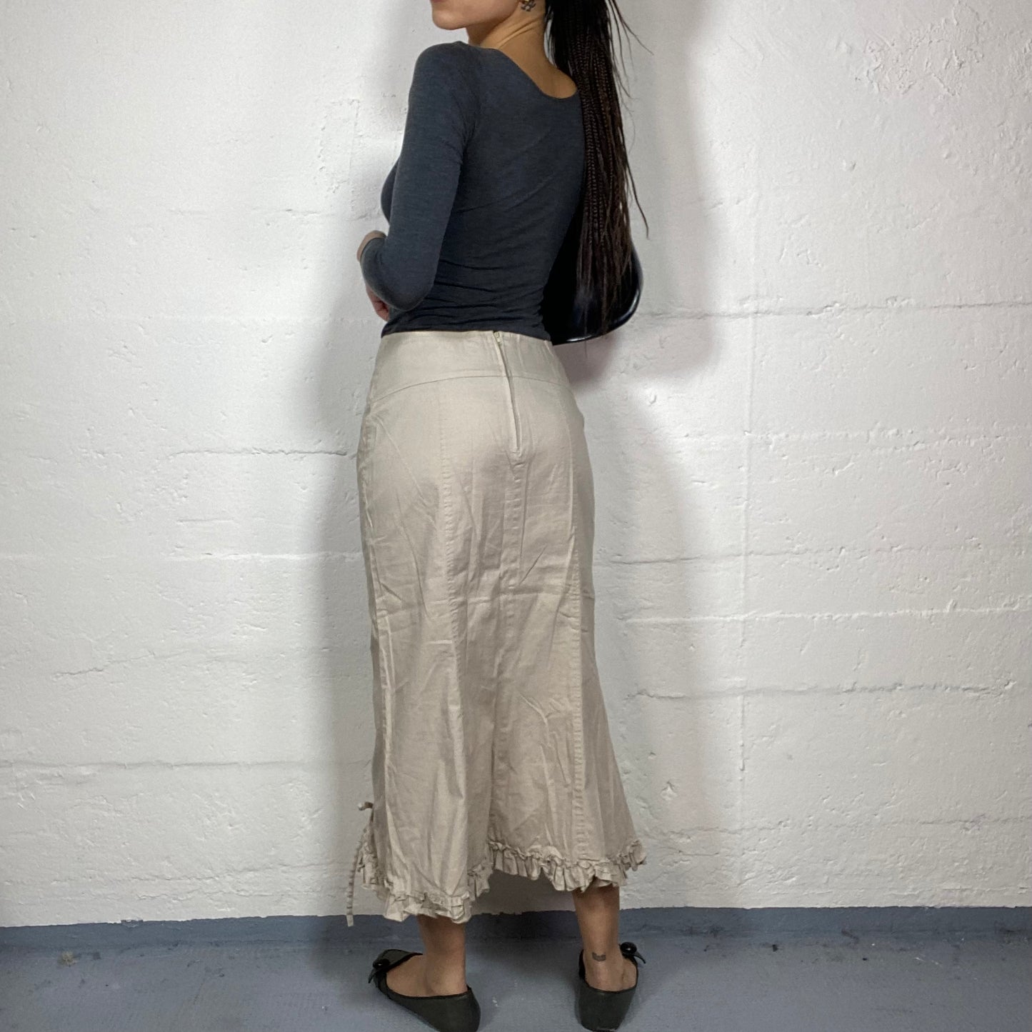 Vintage 90's Rave Beige Cargo Maxi Skirt with Frilled Bottom Detail (S/M)