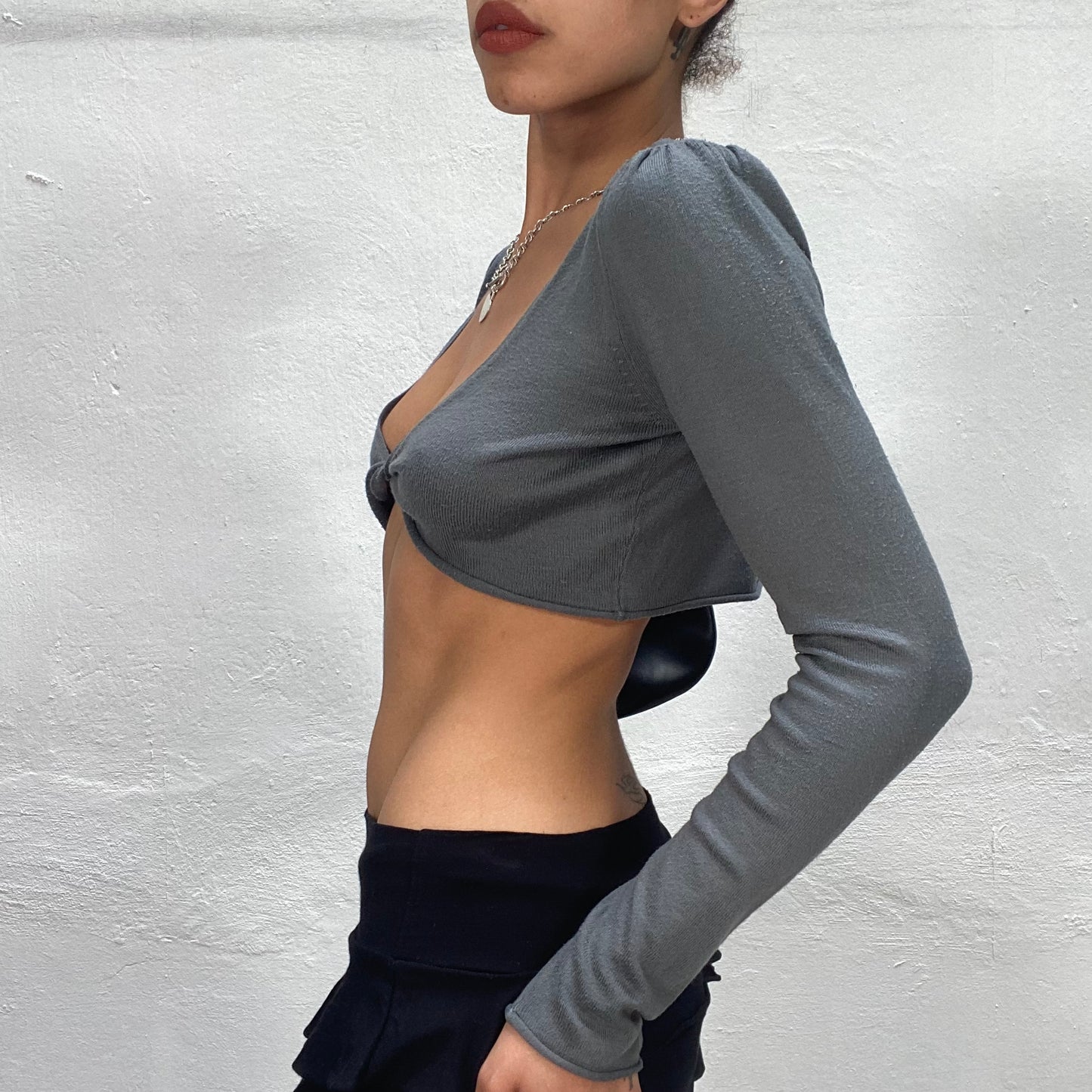 Vintage 2000's Techwear Grey Bolero Top with Twisted Chest Detail (XS/S)