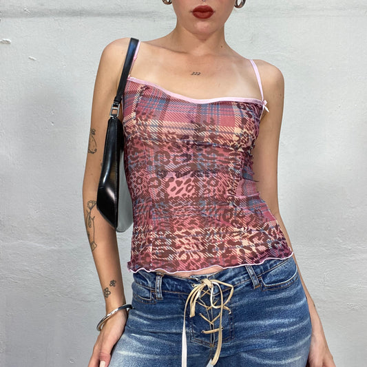 Vintage 90's Downtown Girl Pink Cami Top with Checkered and Leo Print (S)