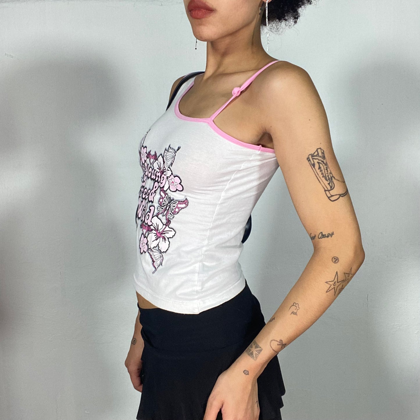 Vintage 2000's Sreetstyle White One Shoulder top with Pink Trim and 'Young, Free & Wild' Print (S)