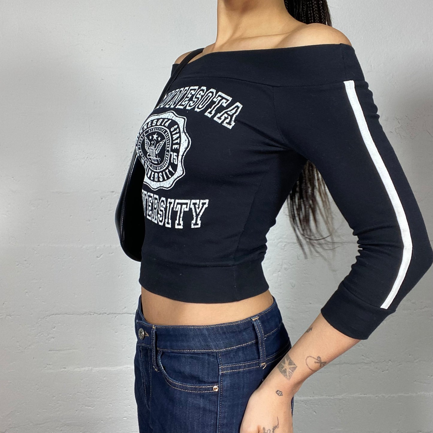 Vintage 2000's College Girl Black Off Shoulder Top with "Minnesota University" White Print (S)